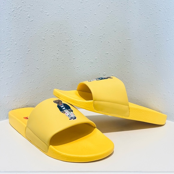 Polo Ralph Lauren Men’s Signature Bear Yellow Slides Size 15 NEW - Picture 1 of 13